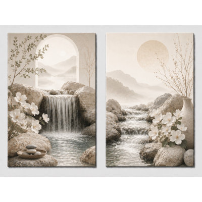 Très grand ensemble de 2 cascades neutres sur toile, impressions florales minimalistes, décor de chambre à coucher de campagne moderne, impression sur toile 24 x 36 pouces - prête à être accrochée