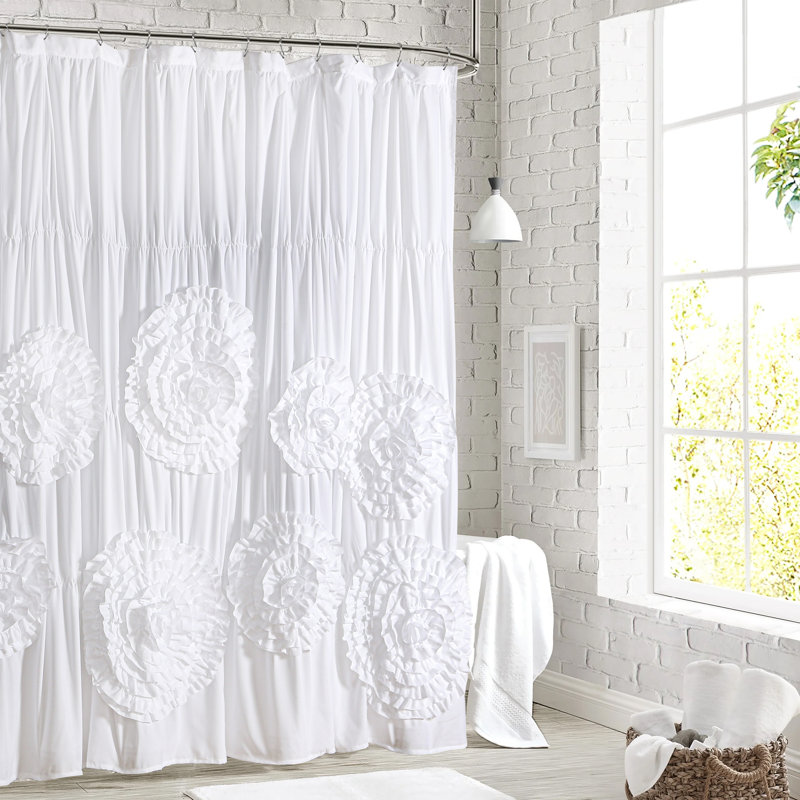 Farmhouse Ruffle Floral Shower Curtains For Bathroom, White