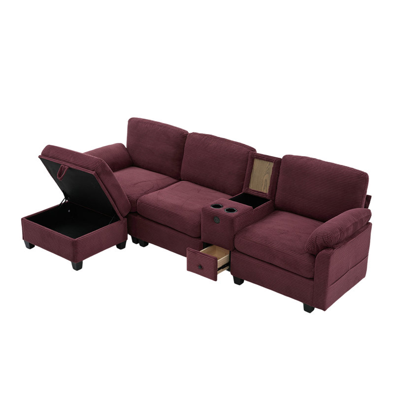 Canapé modulaire avec repose-pieds, Velours côtelé rose rouge