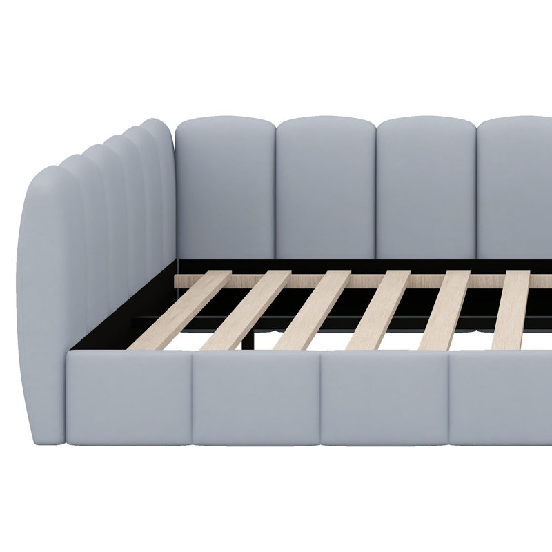 Lit tapissier en velours avec garde-corps tout autour, cadre de lit plateforme en bois, Gray