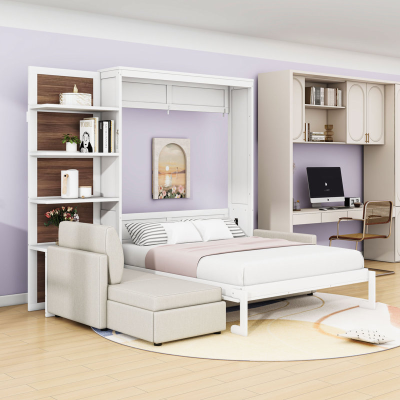 Grand lit escamotable en bois avec canapé et tablettes de rangement, Blanc