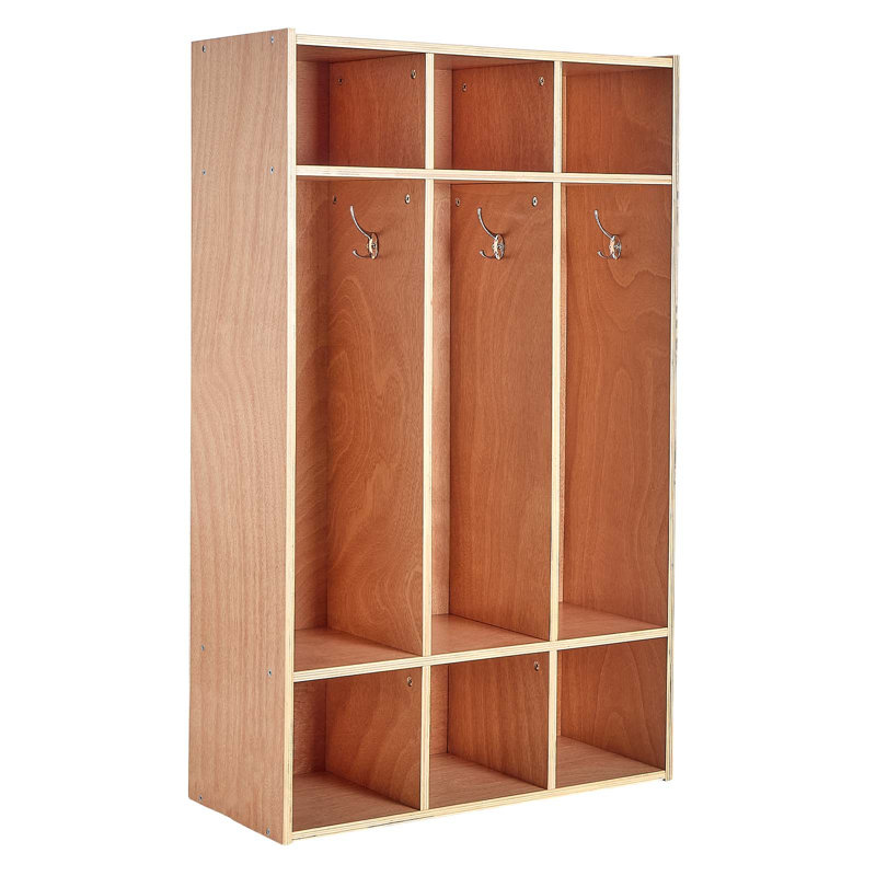 Casier à 3 sections pour enfants, rangement en bois pour tout-petits avec 6 crochets et tapis antidérapant, casiers pour enfants modernes avec 6 petites boîtes de rangement ouvertes pour la maison, la maternelle, la garderie, naturel