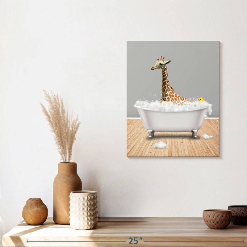 Impression sur toile, girafe et baignoire, H 15 po x l 12 po x P 1,25 po