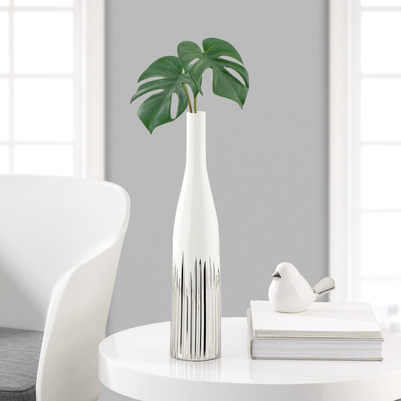 Solenne 16" Silver Ribbed White Ceramic Vase, 16 Inch