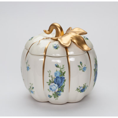 White Pumpkin Jar With Blue Roses Pattern 