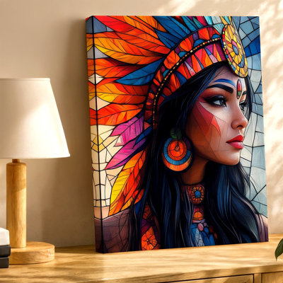 Native American Woman Portrait Colorful Feather Headdress Poster Canvas Wall Art Print for living room, bedroom, office, hallway, entryway, gallery wall and modern home decor
