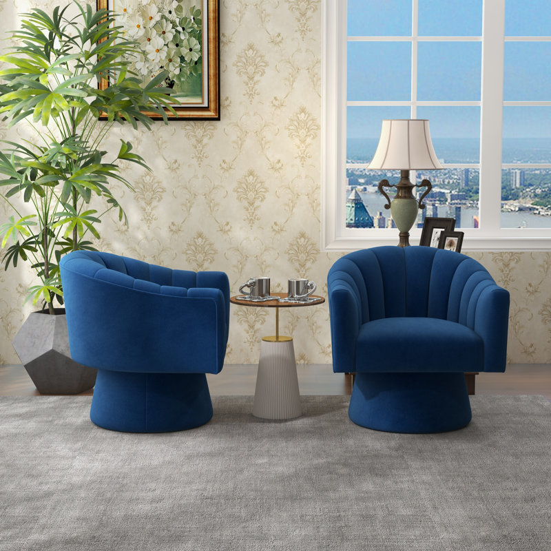 Iryanna 25.2'' Wide Tufted Swivel Barrel Chair, Navy Velvet, 2