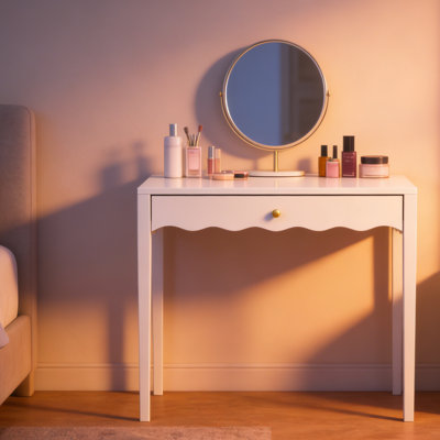 35.43" Modern Writing Table With Unique Scalloped Design, Vanity Desk With Drawer, Gold Knob & 4 Sturdy Legs For Small Spaces