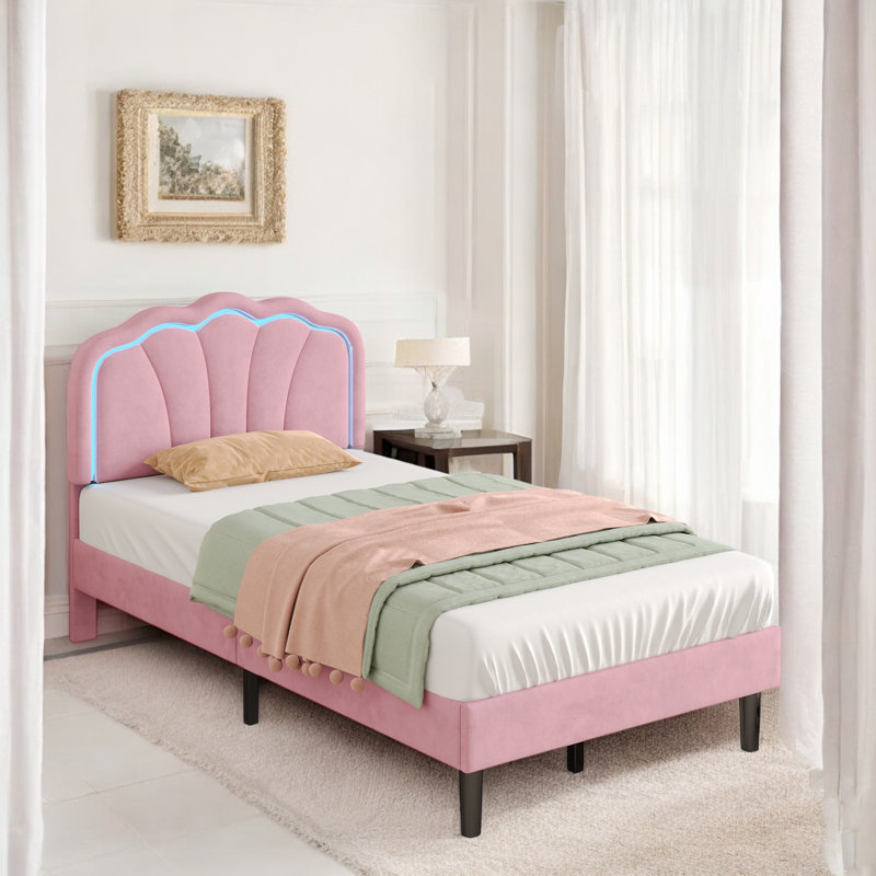 Upholstered Bed Pink Velvet With LED Adjustable Shell Shape Headboard (No Mattress), Single (3'), Pink