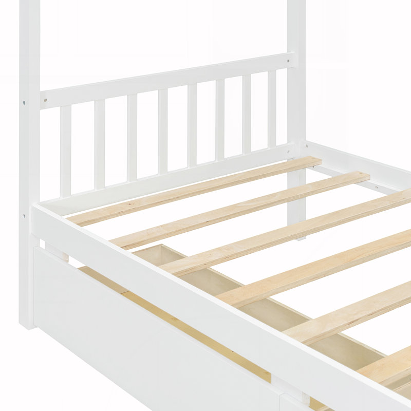 Twin Size Wooden House Bed With Drawers, White
