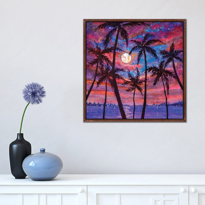 Beautiful Relaxing Landscape: Palm Trees, Pink Purple Sunset over Sea and Large Moon 1 Piece Painting on Canvas