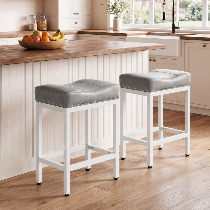 Tabouret de comptoir 24,21 po Michille, Siège gris / cadre blanc, 2