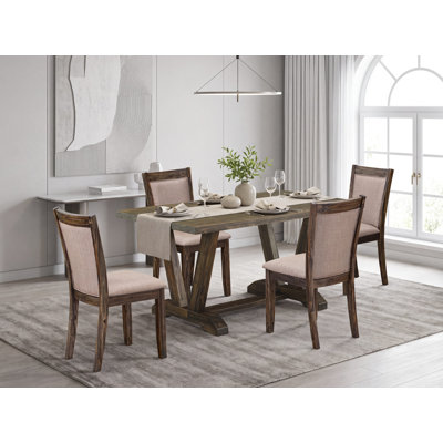 Ensemble de table de salle à manger - Une table de salle à manger moderne avec une base à tréteaux et des chaises Parson en tissu kaki foncé