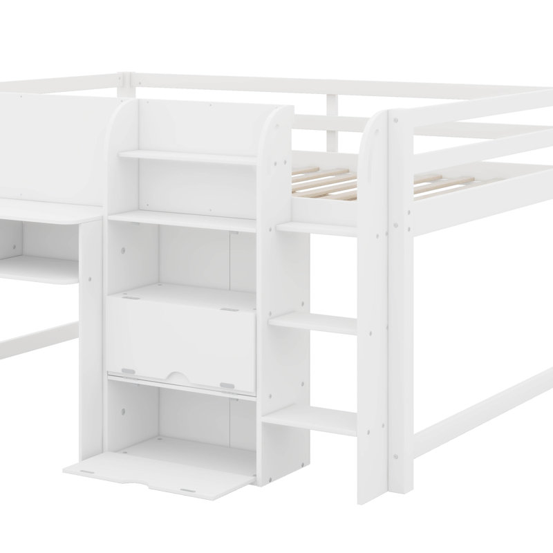 Lit mezzanine double pleine grandeur avec bureau intégré, armoires de rangement et bibliothèque ouverte, tableau blanc pour graffiti