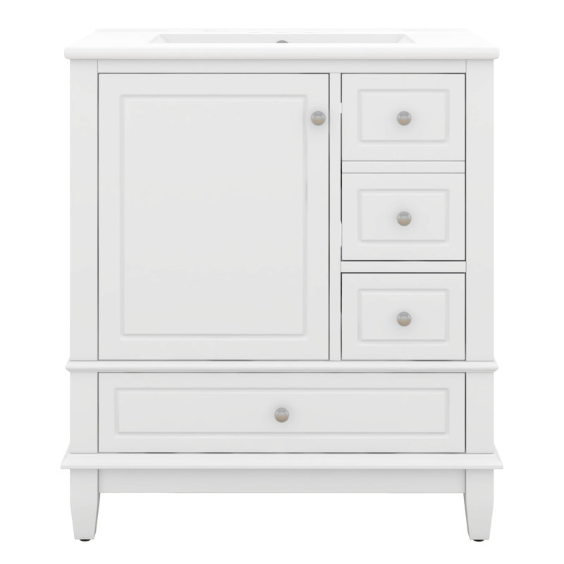 Meuble-lavabo de 30 po avec lavabo simple, armoire de salle de bain moderne avec une porte et une tablette à fermeture douce et trois tiroirs