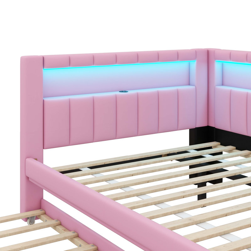Full-Size Fully Upholstered Platform Bed With USB Ports, LED Illumination, And A Concealed Trundle, Pink