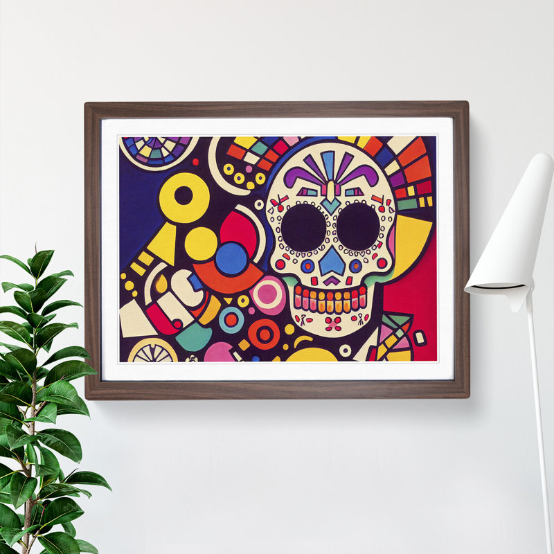 Entrancing Floral Sugar Skull Abstract - Single Picture Frame Painting, 34cm H x 46cm W x 2cm D, Walnut