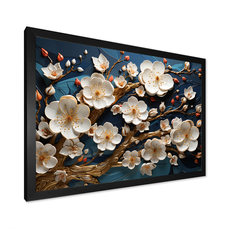 Orchidée blanche dorée et bleue, arbre III - Art mural floral abstrait, Cadre d'angle fermé noir, H 12 po x l 20 po x P 1 po
