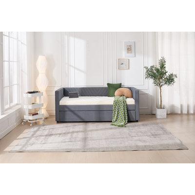 Twin Size Upholstered Daybed With Trundle,USB Port ,Side Pockets, Modern V-Grained Backrest Design,No Box Spring Needed, For Bedroom, Guest Room ( Grey, Twin)