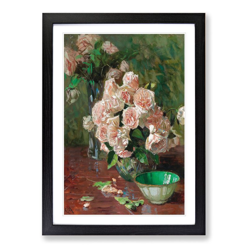 White Roses by Carl Moll - Picture Frame Painting, 48cm H x 36cm W x 2cm D, Black Framed
