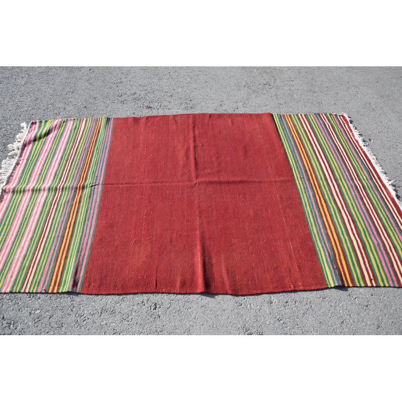 Tapis turc en laine tissé à la main à rayures rouges, idéal pour rehausser le décor du salon