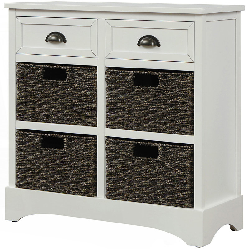 Armoire de rangement rustique avec deux tiroirs et quatre paniers en rotin classique