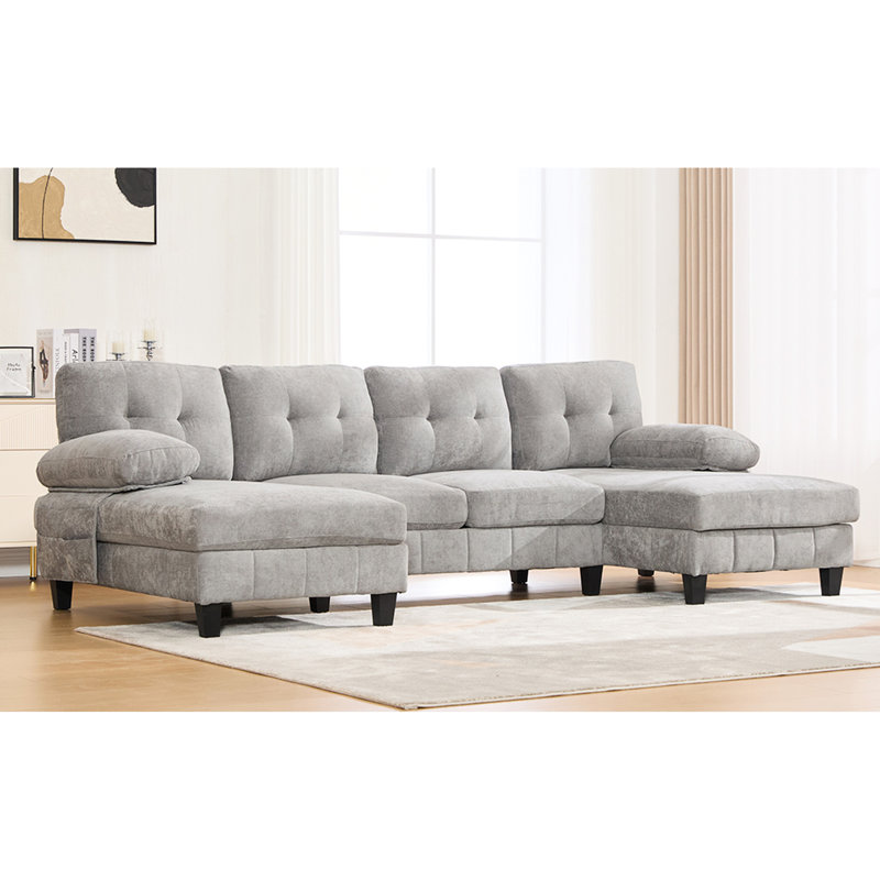 Chenille en forme de U gris avec deux méridiennes, poches de rangement et coussins d'accoudoirs pour la détente de canapé modulaire