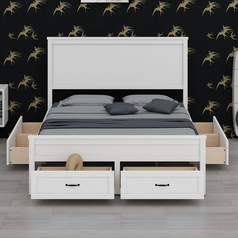 Base de lit en bois avec tiroirs, Blanc