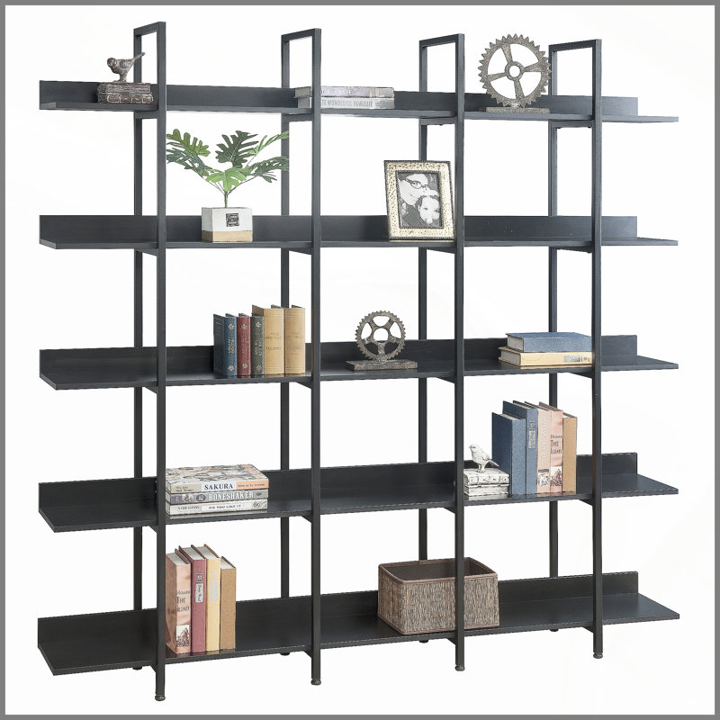 5 Tier Bookcase Home Office Open Bookshelf, Vintage Industrial Style Shelf With Metal Frame, Black