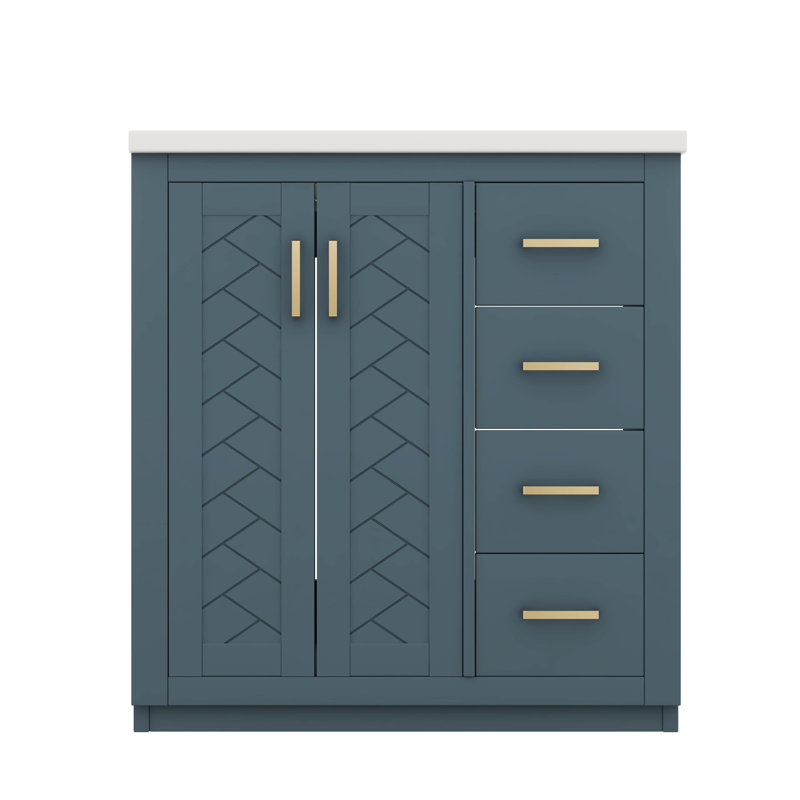 Ensemble de meuble-lavabo 30 po avec lavabo en céramique et 3 portes à tiroir à fermeture douce, Doré, Bleu