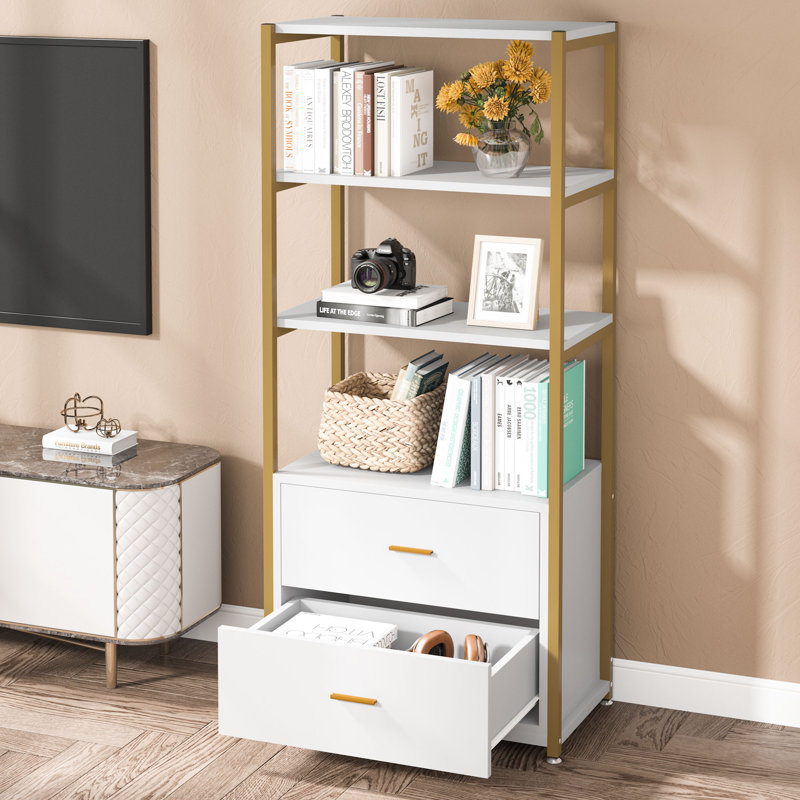 Bookcase, 4-Tier Bookshelf With 2 Drawers, Etagere Standard Book Shelves Display Shelf For Home Office, Gold/White