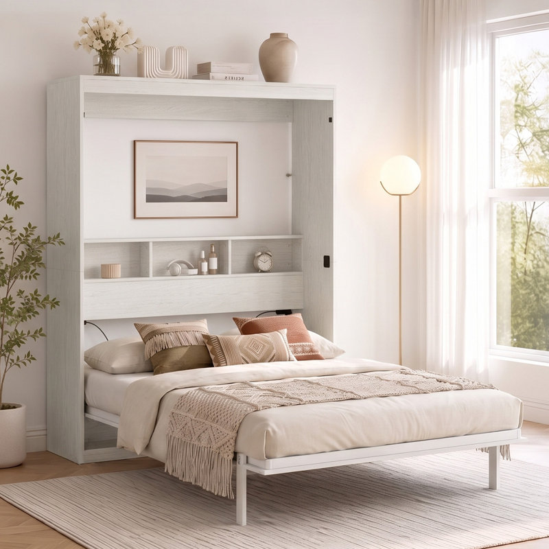 Grand lit escamotable motorisé avec armoire murale 2 en 1 avec tablettes de rangement et télécommande, Blanc