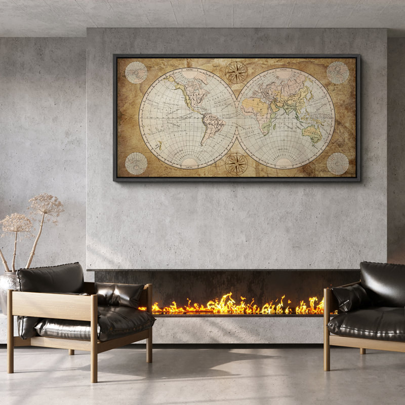 Carte du monde rétro avec illustrations de style antique, peinture rétro prête à accrocher, H 30 po x l 60 po