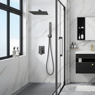 Shower Faucet Set 12" Square Rain Shower Head and Hand Set Brushed Nickel