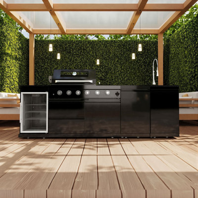 Barbecue pour îlot de cuisine en acier inoxydable de 46 pouces à 4 brûleurs (utilisant du propane) avec 85 000 BTU, réfrigérateur de 68 L, rôtissoire de 120 V, comptoirs en acier inoxydable 304 et en granit