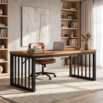 63 Inch Solid Wood and Iron Executive Desk, Home Office Computer Desk