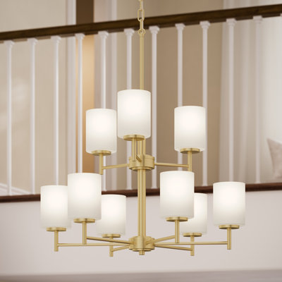 Replay Collection 9-Light Brushed Gold Chandelier with Etched Glass Shades