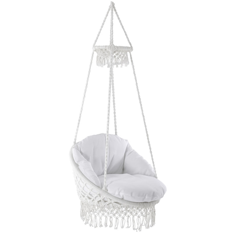 Vivere Deluxe Polyester Macrame Chair with Removable Plush Cushion and Fringe, White