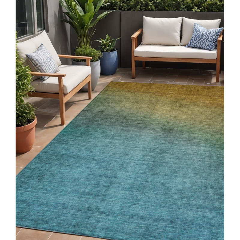 Tapis intérieur / extérieur 5 pi x 8 pi ombré bleu et taupe lavable