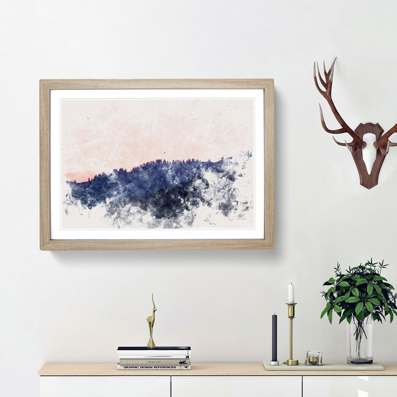 Pink Sunrise over a Forest - Picture Frame Graphic Art Print, 33cm H x 45cm W x 2cm D, Oak Framed