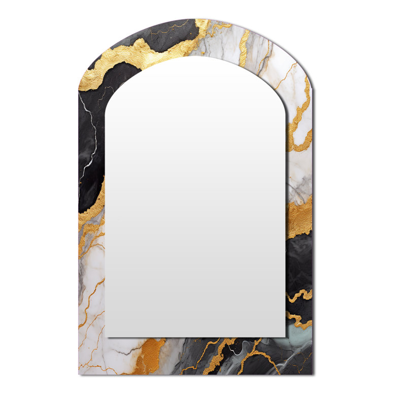 Gold And Grey Abstract Marble Mirage I - Marble Asymmetrical Unique Wall Mirror Decor, Gold Arch Large Mirror, Printed Metal Art