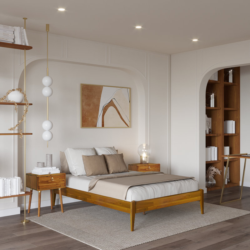 Lit plateforme en bois massif sans tête de lit Finney, Double, Caramel
