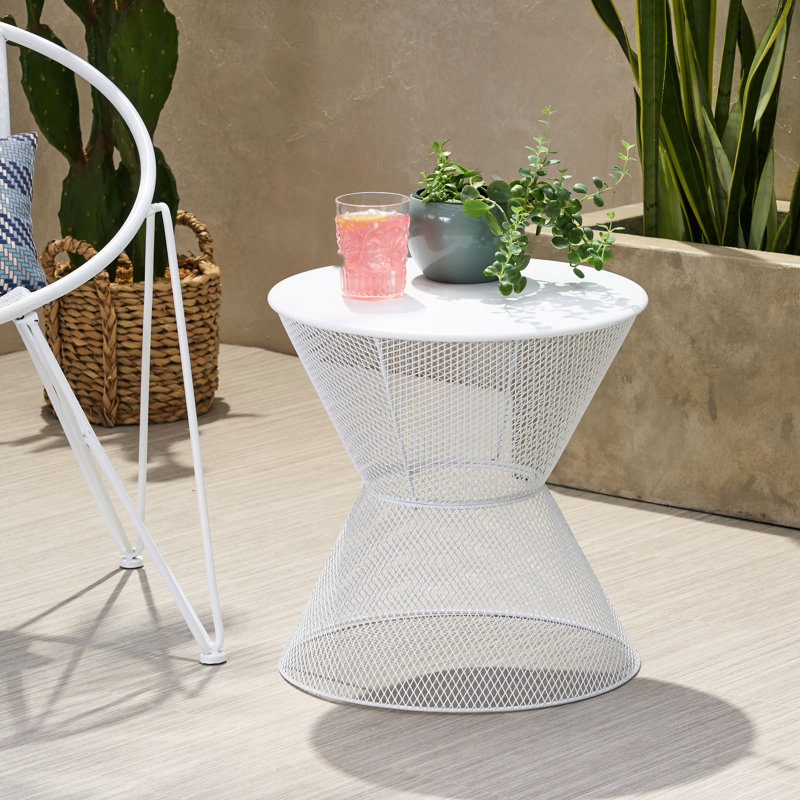 Iron Side Table In Matte White - Relaxing Spot With Mesh Design, 17.85 In. X 18.53 In., 6.21 Lb Table, Chilled Drink Holder D W H,
