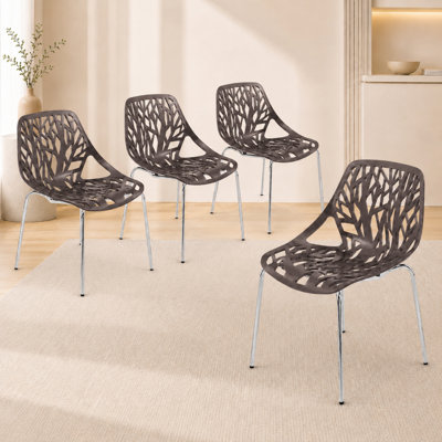 Hadda Dining Chair, Modern Polypropylene Kitchen Chair with Tree-Inspired Cutout Back, Stainless Steel Legs, Chrome Finish, Stackable Dining Room Side Chair