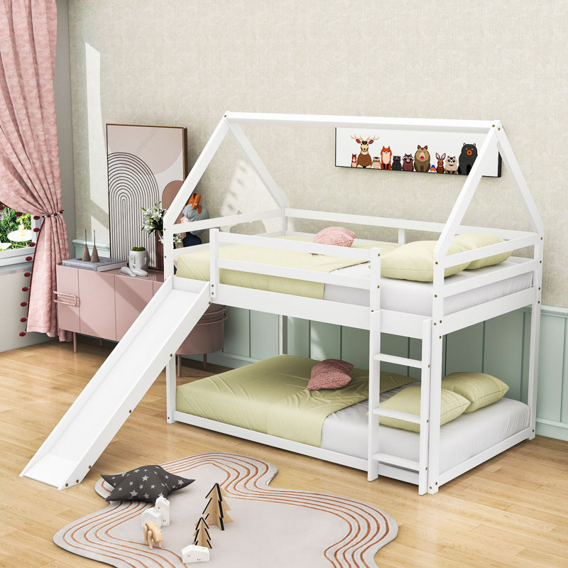 Wood Twin Over Twin House-Shaped Bunk Bed With Slide,  Ladder And Guardrails, Reversible Design, White