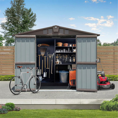 Outdoor Storage Shed 8.2' X 6.2', Metal Steel Utility Tool Shed Storage House With Double Lockable Doors & Air Vents For Backyard Patio Garden Lawn Brown