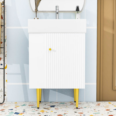 Meuble-lavabo simple autoportant moderne avec plateau en céramique, porte à fermeture en douceur et grand rangement Jarrow