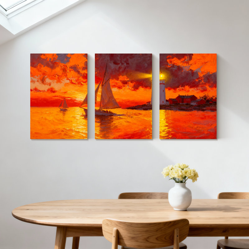 Nautique voilier coucher de soleil phare océan ciel reflets couleurs ensemble de 3 impressions sur toile, H 24 po x l 48 po
