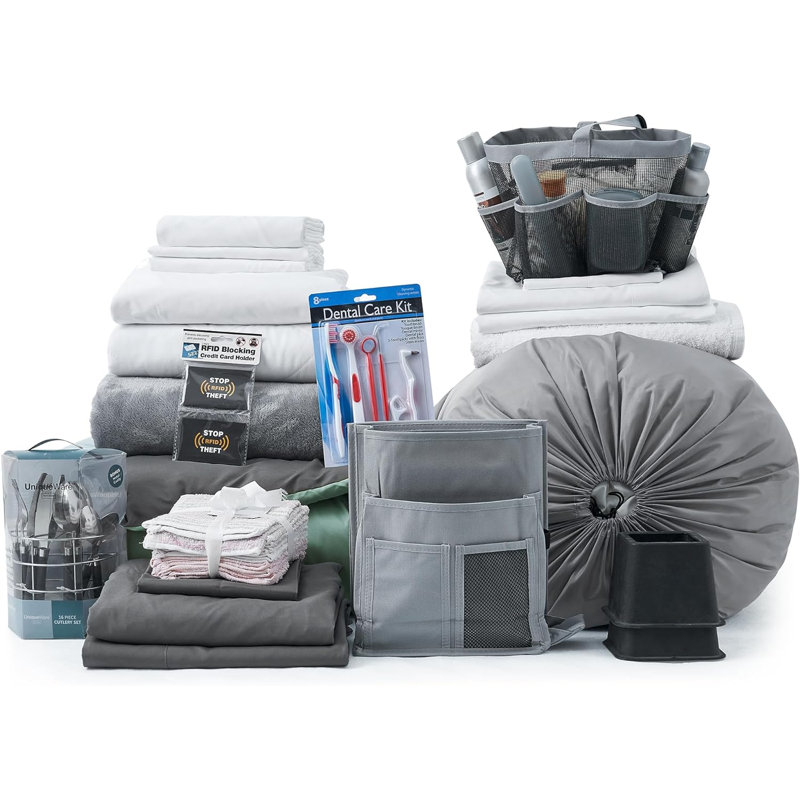 44 Piece College Dorm Bedding And Essentials Package, Green/Gray