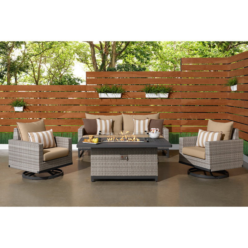 Sameko Amali 4 Piece Rattan Sofa Seating Group With Sunbrella Cushion Covers, Maxim Beige Sunbrella®, Gray